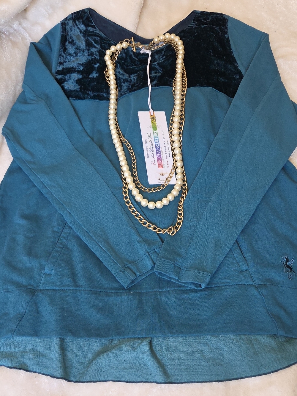 European Culture Women's Teal Mix Media Pullover Blouse. NWT. XS.